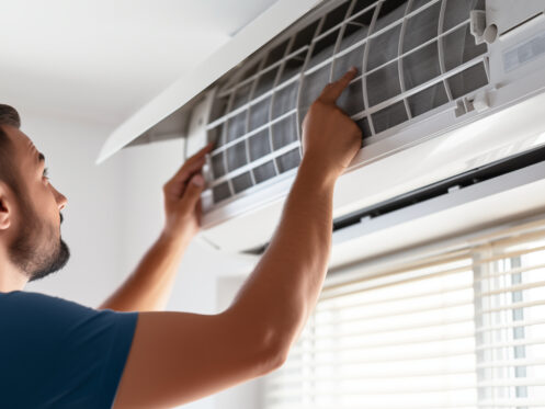 Repairman doing maintenance on HVAC system